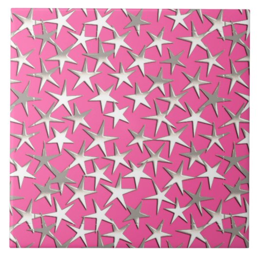 Silver sterren op fuchsia roze tegeltje (Voorkant)