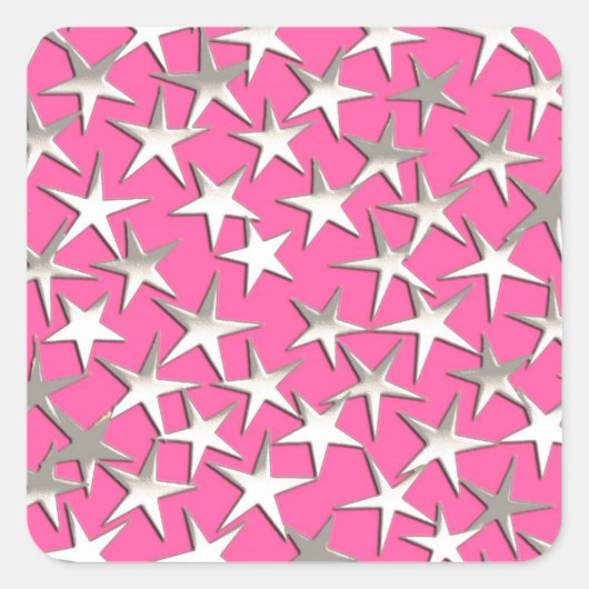 Silver sterren op fuchsia roze vierkante sticker (Voorkant)