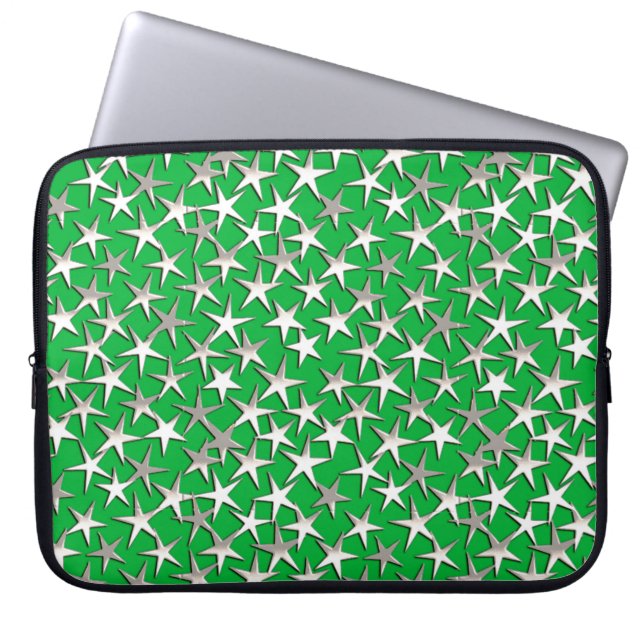 Silver sterren op smaragdgroen laptop sleeve (Voorkant)