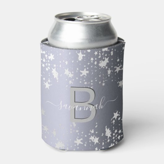 Silver sterren witte monogram naam blikjeskoeler (Blikje Voorkant)