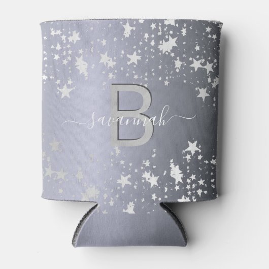 Silver sterren witte monogram naam blikjeskoeler (Voorkant)