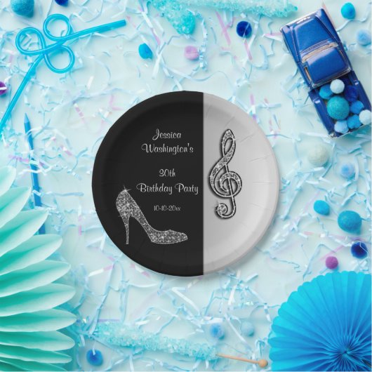 Silver Stiletto en Treble Cleft Birthday Papieren Bordje (Feest)