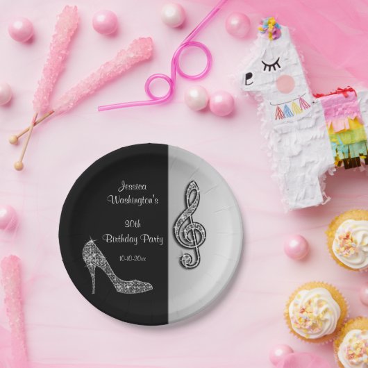 Silver Stiletto en Treble Cleft Birthday Papieren Bordje (Feest)