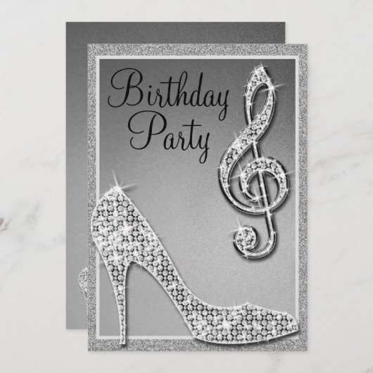 Silver Stiletto & Treble Clef Verjaardag Kaart (Voorkant / Achterkant)