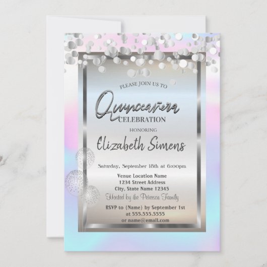 Silver Stippen ballons Lijst Holographic Quinceañe Kaart (Voorkant)