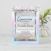 Silver Stippen ballons Lijst Holographic Quinceañe Kaart (Staand voorkant)