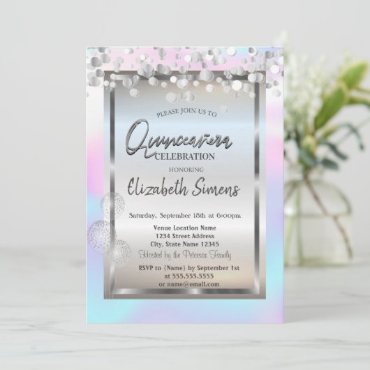 Silver Stippen ballons Lijst Holographic Quinceañe Kaart (Staand voorkant)