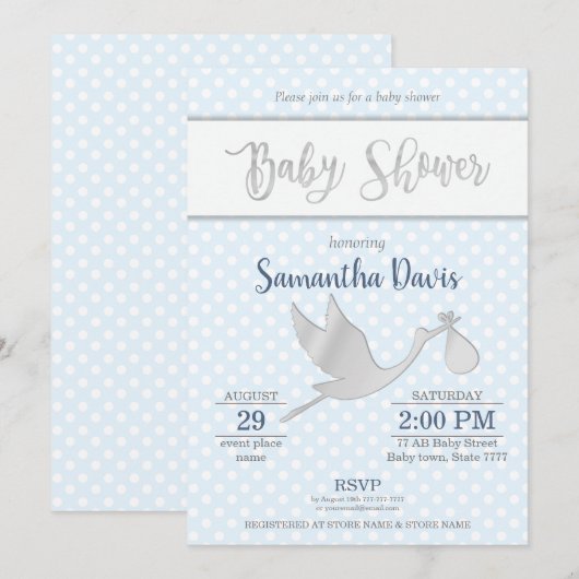Silver Stork Baby Boy Baby shower Kaart (Voorkant / Achterkant)