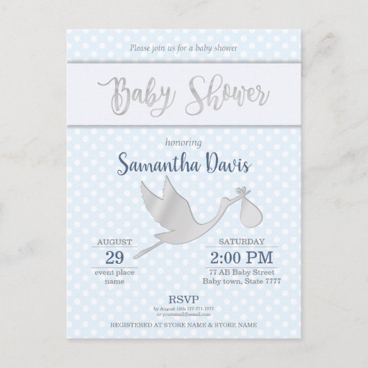 Silver Stork Baby Boy Baby shower Uitnodiging Briefkaart (Voorkant)