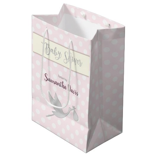 Silver Stork Baby Girl Baby shower Medium Cadeauzakje (Voorkant Gekanteld)