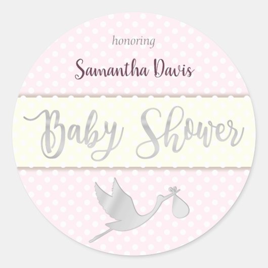 Silver Stork Baby Girl Baby shower Ronde Sticker (Voorkant)