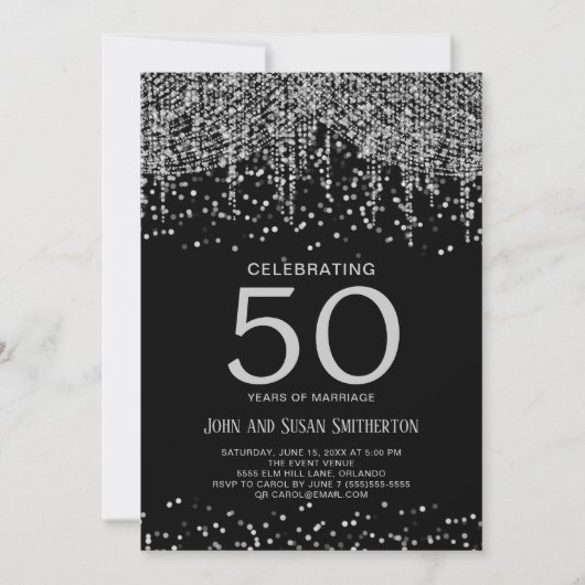 Silver String Light Glitter Zwart 50e Jubileum Kaart (Voorkant)