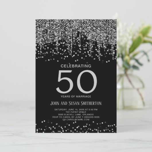 Silver String Light Glitter Zwart 50e Jubileum Kaart (Staand voorkant)