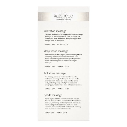 Silver Stripe Monogram Salon Spa Service Menu (Voorkant)