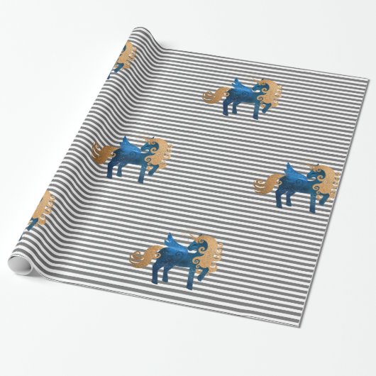 Silver Stripe Navy Unicorn BIRTHDAY WEDDING WRAP Cadeaupapier (Uitgerold)