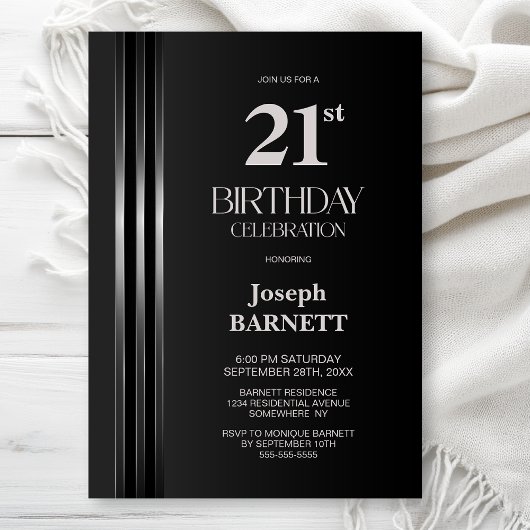 Silver Striped Black Grey 21st Birthday Party Kaart