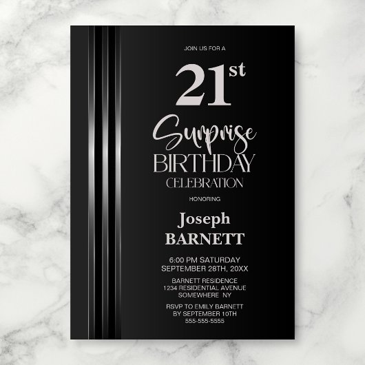 Silver Striped Black Grey 21st Surprise Birthday Kaart