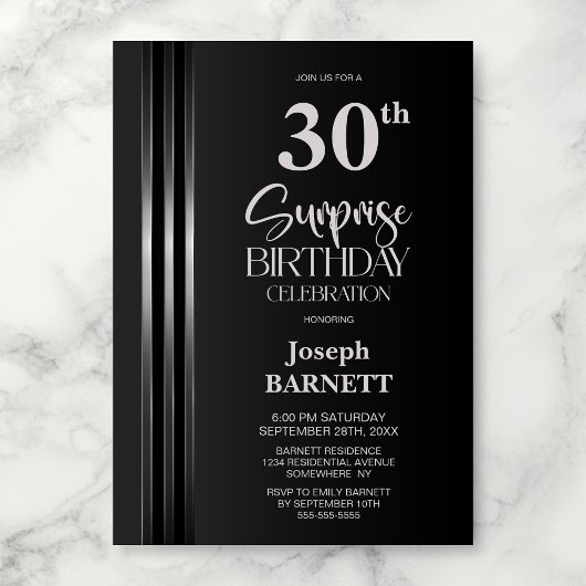 Silver Striped Black Grey 30th Surprise Birthday Kaart