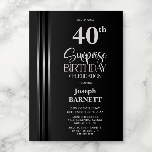 Silver Striped Black Grey 40th Surprise Birthday Kaart
