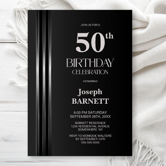 Silver Striped Black Grey 50th Birthday Party Kaart