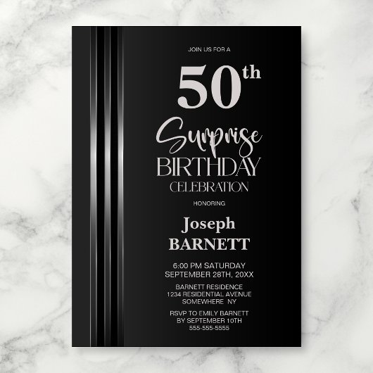 Silver Striped Black Grey 50th Surprise Birthday Kaart
