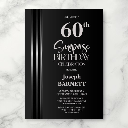 Silver Striped Black Grey 60th Surprise Birthday Kaart