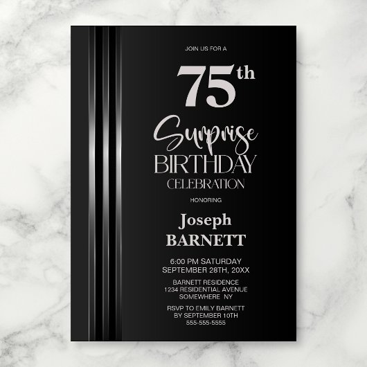 Silver Striped Black Grey 75th Surprise Birthday Kaart