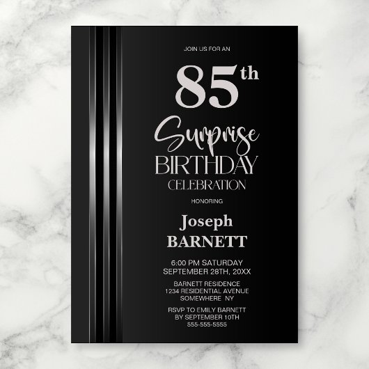 Silver Striped Black Grey 85th Surprise Birthday Kaart