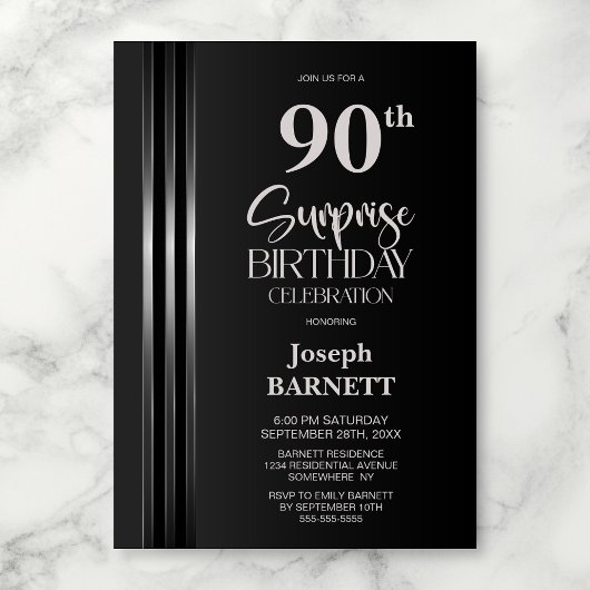 Silver Striped Black Grey 90th Surprise Birthday Kaart