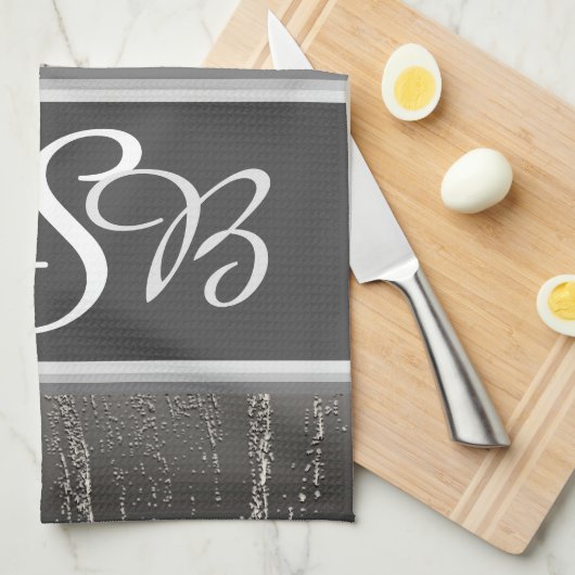 Silver Stripes Liquid Metal Elegant Monogram Theedoek (Quarter Fold)