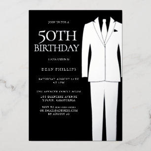 Silver Suit & Stropdas Black Mannen 50th Birthday  Folie Uitnodiging
