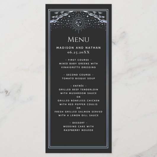 Silver Sun and Moon Tarot Wedding Flat Menu (Voorkant)