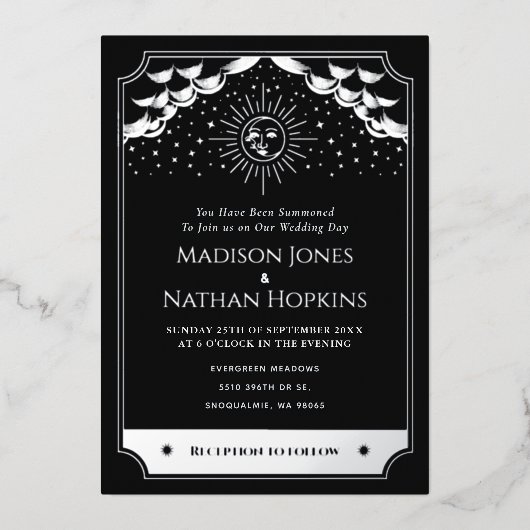 Silver Sun Moon Tarot Wedding Details Uitnodiging (Voorkant)