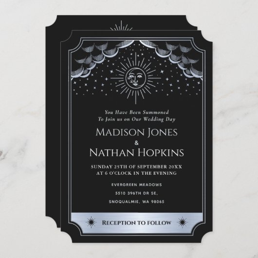 Silver Sun Moon Tarot Wedding QR Code Uitnodiging (Voorkant / Achterkant)