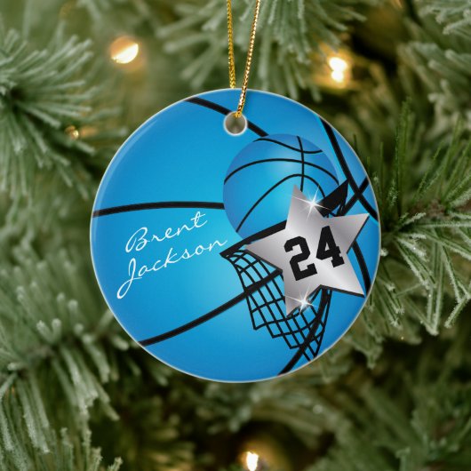 Silver Superstar Basketball | DIY-tekst | Blauw Keramisch Ornament (Boom)