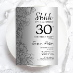 Silver Surprise 30th Birthday Kaart<br><div class="desc">Silver Surprise 30th Birthday Party Invitation. Het vrouwelijke vormgeving van Glam met botanische accenten en typografische scriptlettertypen. Eenvoudige bloemige uitnodigingskaart perfect voor een stijlvol vrouw verrassingsfeest. Kan op elke leeftijd worden aangepast. Uitnodigingen op Zazzle afdrukken of sjabloon voor digitaal afdrukken direct downloaden.</div>