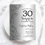 Silver Surprise 30th Birthday Party Kaart<br><div class="desc">Silver Surprise 30th Birthday Party Invitation. Glam feminine design met faux Silver folie,  botanische accenten en lettertype typografie. Eenvoudige bloemige uitnodigingskaart perfect voor een stijlvol vrouw verrassingsfeest. Kan op elke leeftijd worden aangepast. Uitnodigingen op Zazzle afdrukken of sjabloon voor digitaal afdrukken direct downloaden.</div>