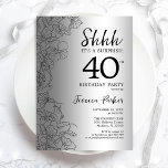 Silver Surprise 40th Birthday Kaart<br><div class="desc">Silver Surprise 40th Birthday Party Invitation. Het vrouwelijke vormgeving van Glam met botanische accenten en typografische scriptlettertypen. Eenvoudige bloemige uitnodigingskaart perfect voor een stijlvol vrouw verrassingsfeest. Kan op elke leeftijd worden aangepast. Uitnodigingen op Zazzle afdrukken of sjabloon voor digitaal afdrukken direct downloaden.</div>