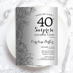 Silver Surprise 40th Birthday Party Kaart<br><div class="desc">Silver Surprise 40th Birthday Party Invitation. Glam feminine design met faux Silver folie,  botanische accenten en lettertype typografie. Eenvoudige bloemige uitnodigingskaart perfect voor een stijlvol vrouw verrassingsfeest. Kan op elke leeftijd worden aangepast. Uitnodigingen op Zazzle afdrukken of sjabloon voor digitaal afdrukken direct downloaden.</div>