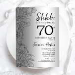 Silver Surprise 70th Birthday Kaart<br><div class="desc">Silver Surprise 70th Birthday Party Invitation. Het vrouwelijke vormgeving van Glam met botanische accenten en typografische scriptlettertypen. Eenvoudige bloemige uitnodigingskaart perfect voor een stijlvol vrouw verrassingsfeest. Kan op elke leeftijd worden aangepast. Uitnodigingen op Zazzle afdrukken of sjabloon voor digitaal afdrukken direct downloaden.</div>
