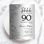 Silver Surprise 90th Birthday Kaart<br><div class="desc">Silver Surprise 90th Birthday Party Invitation. Het vrouwelijke vormgeving van Glam met botanische accenten en typografische scriptlettertypen. Eenvoudige bloemige uitnodigingskaart perfect voor een stijlvol vrouw verrassingsfeest. Kan op elke leeftijd worden aangepast. Uitnodigingen op Zazzle afdrukken of sjabloon voor digitaal afdrukken direct downloaden.</div>