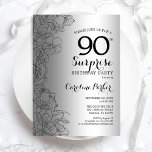 Silver Surprise 90th Birthday Party Kaart<br><div class="desc">Silver Surprise 90th Birthday Party Invitation. Glam feminine design featuring faux silver foil,  botanical accents and typography script font. Simple floral invite card perfect for a stylish female surprise bday celebration. Can be customized to any age. Printed Zazzle invitations or instant download digital printable template.</div>