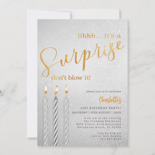 Silver Surprise Verjaardag Uitnodiging Glitter Kaa (Voorkant)