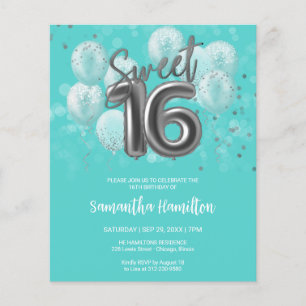 Silver Sweet 16 Balloons Blauwgroen uitnodiging to