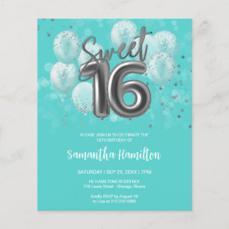 Silver Sweet 16 Balloons Blauwgroen uitnodiging to