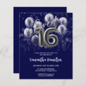 Silver Sweet 16 Balloons Blue Budge Invitation (Voorkant / Achterkant)