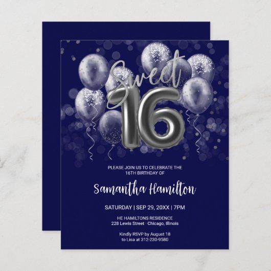 Silver Sweet 16 Balloons Blue Budge Invitation (Voorkant / Achterkant)