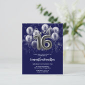 Silver Sweet 16 Balloons Blue Budge Invitation (Staand voorkant)
