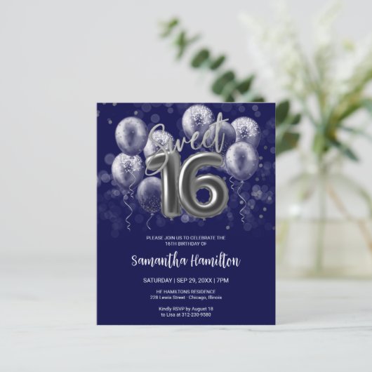 Silver Sweet 16 Balloons Blue Budge Invitation (Staand voorkant)