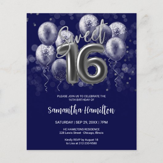Silver Sweet 16 Balloons Blue Budge Invitation (Voorkant)